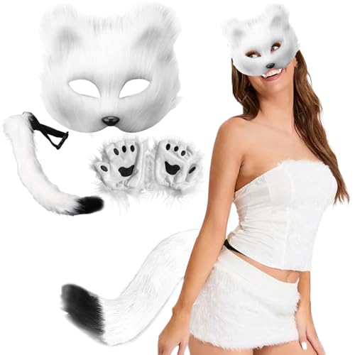 KDAMGOQE 3pcs/Set Therian Gear, Therian Maske und Schwanz, Handschuhe Set halb Gesichtsfuchsmaske mit verstellbarem Schnallen pelziger Schwanz für Halloween -Cosplay -Fuchsmaske, Weiß von KDAMGOQE