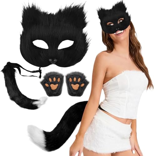 KDAMGOQE 3pcs/Set Therian Getriebe, Therian Maske und Schwanz, Handschuhe Set halb Gesichtsfuchsmaske mit verstellbarem Schnallen pelziger Schwanz für Halloween -Cosplay -Fuchsmaske, Schwarz von KDAMGOQE