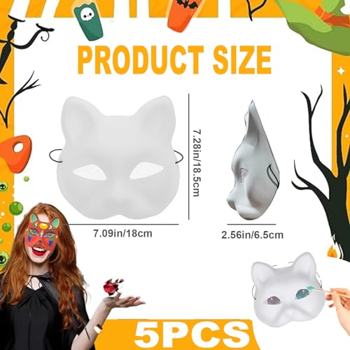 KDAMGOQE 5pcs Katzenmaske weiße Katzenmasken zum Malen von DIY -Halbbedeckung Therian Maske mit Augennetz ＆ Elastic Band PVC Animal Maske für Halloween Cosplay Party Masquerade Maske von KDAMGOQE