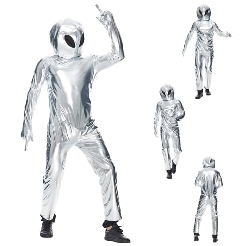 KDAMGOQE Alien Kostüm Kids Alien Kostüm mit Hut Ganzkörper Metallic Unisex Alien Onesie für Erwachsene Kinder lustige Polyester Alien Kostüm für Halloween, Party, Bühnenperformance, L. von KDAMGOQE