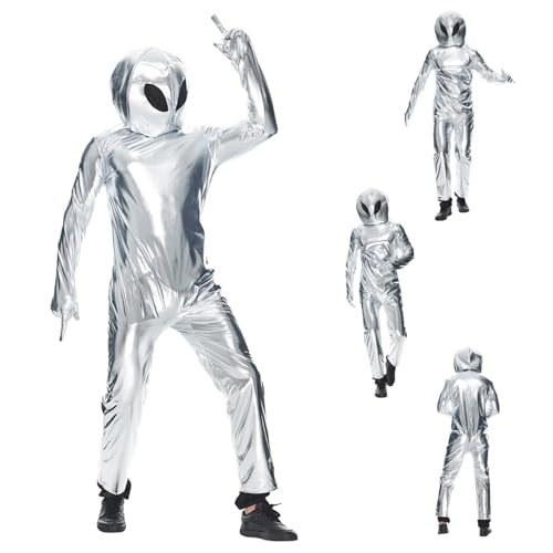 KDAMGOQE Alien Kostüm Kids Alien Kostüm mit Hut Ganzkörper Metallic Unisex Alien Onesie für Erwachsene Kinder lustige Polyester Alien Kostüm für Halloween, Party, Bühnenperformance, M. von KDAMGOQE