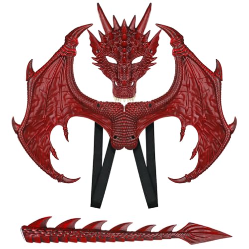 KDAMGOQE Dragon Kostüm Kids, Dragon Kostüm für Kinder, Jungen, Mädchen Halloween Red Set mit Flügelschwanzmaske Set Gummi -Cosplay für Party Masquerade von KDAMGOQE