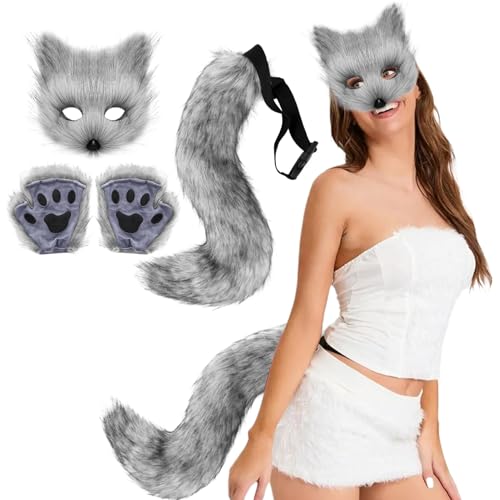 KDAMGOQE Fox -Maske und Schwanz mit Fox Paws Realistische personalisierte Therian Maske und Schwanz dekoratives pelziges Kostüm für Cosplay -Party Halloween Masquerade, Dunkelgrau von KDAMGOQE