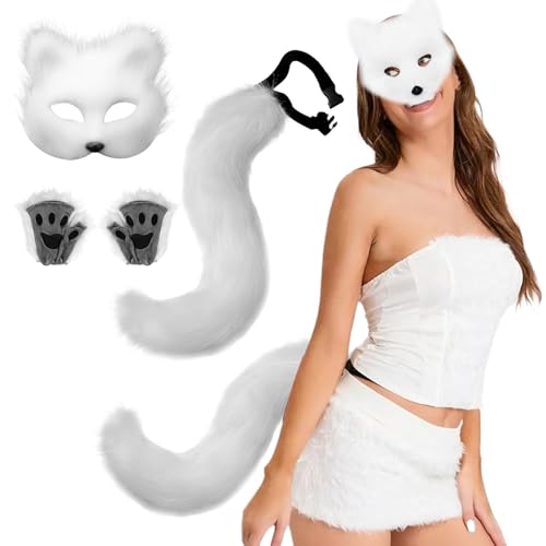 KDAMGOQE Fox -Maske und Schwanz mit Fuchspfoten realistische personalisierte Therian Maske und Schwanz dekoratives pelziges Kostüm für Cosplay -Party Halloween Masquerade, Weiß von KDAMGOQE