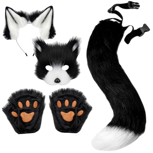 KDAMGOQE Fox Tail Therian Gear Fox Kostüm Set Faux Fox Ohren und Heck Therian Paws und Maske für Erwachsene und Kinder Rollenspiel Party, weiß schwarz von KDAMGOQE