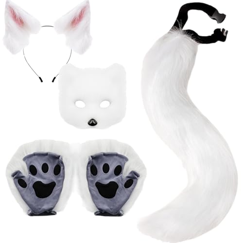 KDAMGOQE Fox Tail Therian Gear Fox Kostüm Set Faux Fox Ohren und Schwanz Therian Paws und Maske für Erwachsene und Kinder Rollenspielparty, Weiß von KDAMGOQE