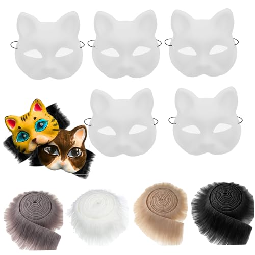 KDAMGOQE Fuzzy Fabric 9pcs Katzenmaske und Faux Fuzzy Fabric Kit PVC Eye Meshes Leere Katzenmasken zum Malen, Tiermaske Kunsthandwerkskit, Kostümmasken für Halloween Masquerade Cosplay Party von KDAMGOQE