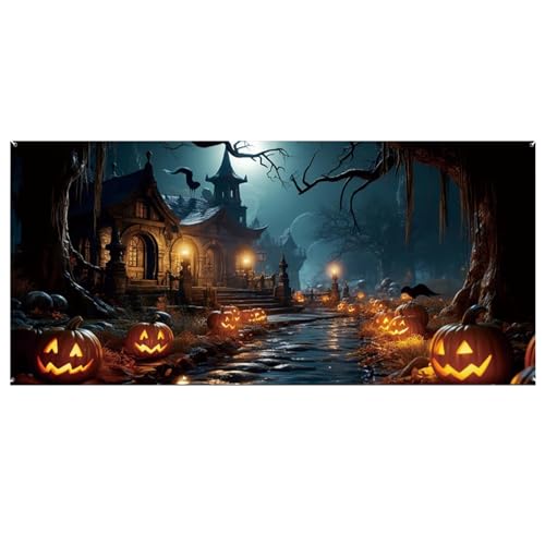 KDAMGOQE Halloween Garage Door Banner 16x7 ft gruselige Schloss Friedhof Halloween Garagentor Abdeckung Verblendete hängende Halloween -Kulisse mit Grommets Halloween Dekorationen von KDAMGOQE