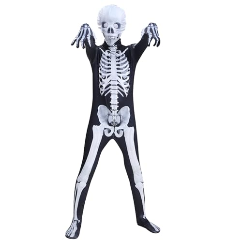 KDAMGOQE Halloween Kostüme Skelettkostüm für Kinder Polyester Halloween Kostüme gruselige Schwarzweiß-Bodysuit Skeleton Onesie Unisex Jumpsuit für Dress-up-Cosplay-Party, Anzug für 8-10 Jahre von KDAMGOQE