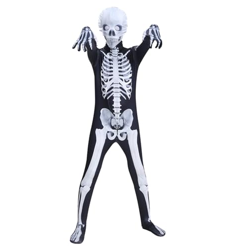 KDAMGOQE Halloween Kostüme Skelettkostüm für Kinder Polyester Halloween Kostüme gruseliger Schwarzweiß-Bodysuit Skeleton Onesie Unisex Jumpsuit für Dress-up-Cosplay-Party, Anzug für 6-7 Jahre von KDAMGOQE