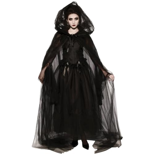 KDAMGOQE Hexenkostüm Frauen Hexenkostüm für Frauen 1 Set Vintage Renaissance gestickt Ghost Bride Kostüm gruselig schwarzes Geisterkostüm für Halloween, Cosplay, Haunted Mansion, L. von KDAMGOQE