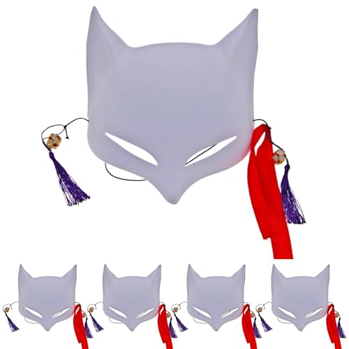 KDAMGOQE Katzenmaske 5 PCS Fox Maske Blank DIY handbemaltes halbes Gesicht Halloween Therian Cat Maske mit Quasten & Jingle Bell Cosplay Tiermaske mit Elastizitätsband für Party, Masquerade (weiß) von KDAMGOQE