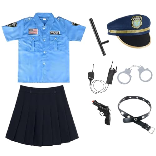 KDAMGOQE Kinderpolizeikostüm Kids Police Officen Kostüm für Mädchen Polizeiuniform Rock Set Cop Uniform mit Spielzeugzubehör Girls Cosplay -Outfit Dress Up Halloween Kostüm für Kinder m von KDAMGOQE