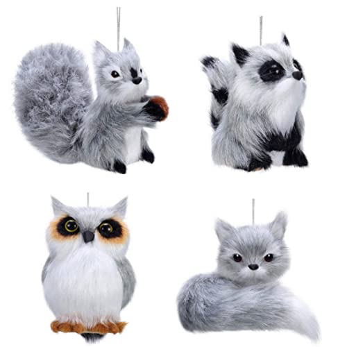 KDAMGOQE Kunstfell Tier Ornamente Plüsch Tierverzierer Set Faux Pelz Eichhörnchen Eulen Waschbär Doll Weihnachtsdekor 4pcs von KDAMGOQE