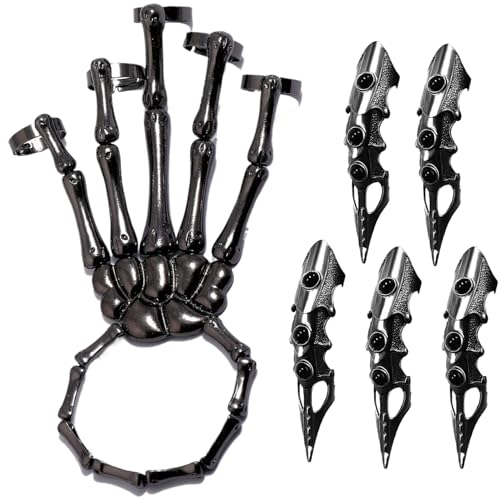 KDAMGOQE Skelettarmband Skelett Handarmband mit 5pcs Vollfinger Ringe Punk Gothic Schmuck mit beweglicher, gemeinsamer legierter Alloy Halloween Schmuck für Cosplay, Party, Kostüm, Schwarz von KDAMGOQE