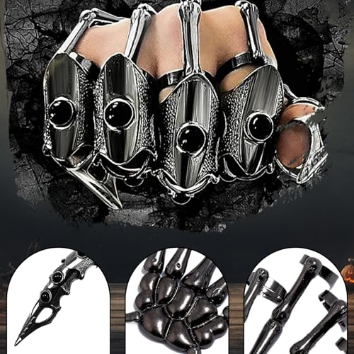 KDAMGOQE Skeletthandarmband mit 5pcs Vollfinger Ringen Punk Gothic Schmuck mit beweglicher, gemeinsamer plattierter Alloy -Halloween -Schmuck für Cosplay, Party, Kostüm, Schwarze, volle Fingerringe von KDAMGOQE