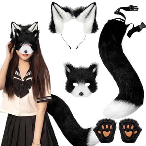 KDAMGOQE Therian Gear Fox Kostüm Set Faux Fuchs Ohren und Schwanztherianische Pfoten und Maske für Erwachsene und Kinder Rollenspielparty, Weiß Schwarz von KDAMGOQE