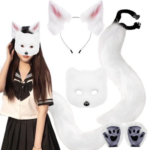 KDAMGOQE Therian Gear Fox Kostüm Set Faux Fuchs Ohren und Schwanztherianische Pfoten und Maske für Erwachsene und Kinder Rollenspielparty, Weiß von KDAMGOQE