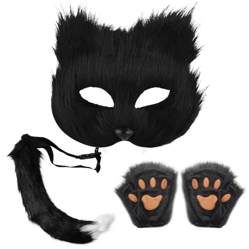 KDAMGOQE Therian Mask 3pcs/Set Therian Gear, Therian Maske und Schwanz, Handschuhe Set halb Gesichtsfuchsmaske mit verstellbarem Schnallen pelziger Schwanz für Halloween -Cosplay -Fuchsmaske, Schwarz von KDAMGOQE