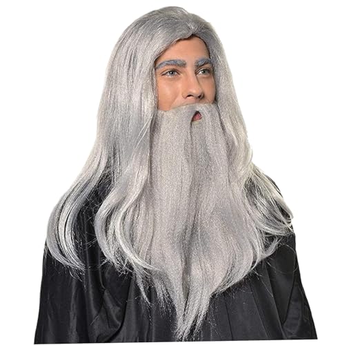 KDAMGOQE Zauberer Beard und Perücke 1Set Langer grauer Magier Zauberer Kostüm -Hitzefaserkostüm Perücke Santa Halloween Kostüme Cosplay Accessoire für Erwachsene, Wizard Beard von KDAMGOQE