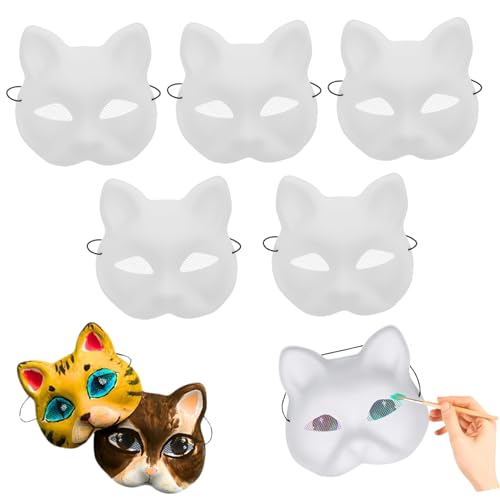 Katzenmaske Therian 5pcs Katzenmaske weiße Katzenmasken zum Malen von DIY -Halbbedeckung Therian Maske mit Augennetz ＆ Elastic Band PVC Animal Maske für Halloween Cosplay Party Masquerade Maske von KDAMGOQE