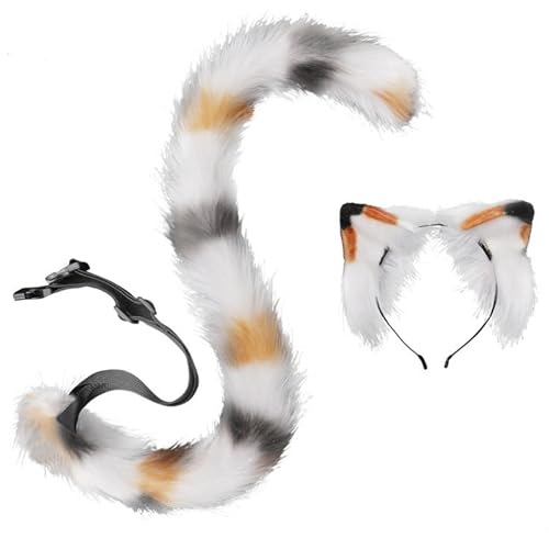 Katzenschwanzkatze Ohren und Schwanz Set 3 Farbe Realistische pelzige Katze Ohren glatter biegsamer Katzenschwanz mit integriertem Rahmen dekoratives Katzenkostüm für Cosplay, Halloween, Party von KDAMGOQE