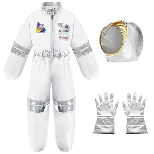 Kinder Raumanzug Raumanzug Kostüm Kinder mit dreieckigerem Muster Polyester Stechy Kinder Raumanzug Crew Hals mit Hut und Handschuhen Kinder Halloween Kostüm für Cosplay -Geburtstagsgeschenke, L. von KDAMGOQE