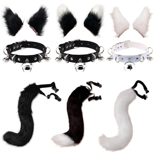 Pelzige Kostüm -Fuchsohren und Schwanzset mit Lederhalshalshärte, weiche Fluzzy -Fuchsohren, verstellbarer Fuchsschwanz, realistisches pelziges Kostüm für Halloween -Cosplay -Party Masquerade, Schwar von KDAMGOQE