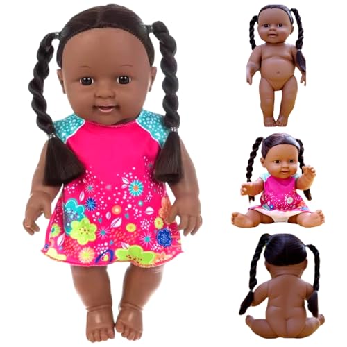 Schwarze Babypuppen, 12 Zoll Amerikaner Afrikaner realistischer Babypuppe mit Kleid, beweglicher Gelenk und doppelter Pferdeschwanzgeflecht dunkle Haut Babypuppe für Kindergeschenke, schwarze Babypup von KDAMGOQE