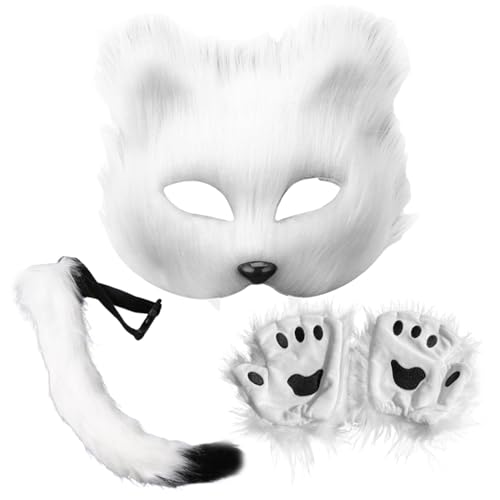 Therian Mask 3pcs/Set Therian Ausrüstung, Therian Maske und Schwanz, Handschuhe Set halb Gesichtsfuchsmaske mit verstellbarem Schnallen pelziger Schwanz für Halloween -Cosplay -Fuchsmaske, Weiß von KDAMGOQE