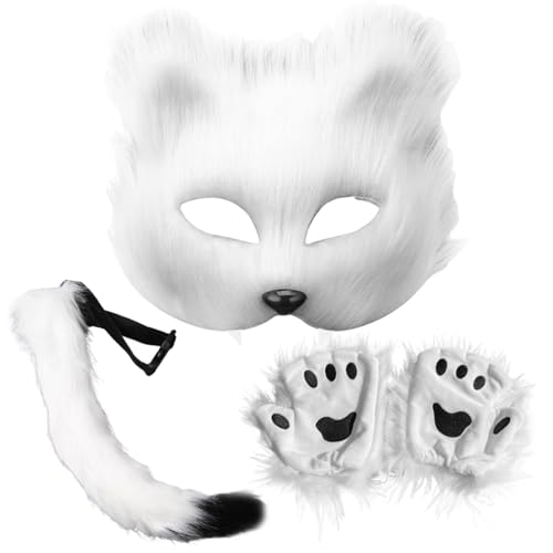 Therian Mask 3pcs/Set Therian Ausrüstung, Therian Maske und Schwanz, Handschuhe Set halb Gesichtsfuchsmaske mit verstellbarem Schnallen pelziger Schwanz für Halloween -Cosplay -Fuchsmaske, Weiß von KDAMGOQE