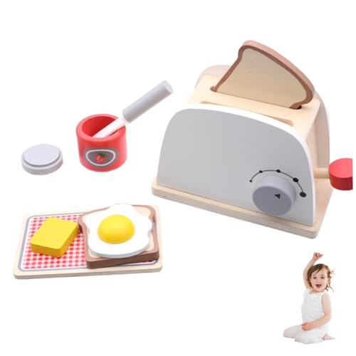 Toy Toaster, Holzspiel Toaster Spielzeug, Holzpop-up-Spielspielzeug-Spielzeug-Food 9-Accessoires umfasst Brot, pochiertes Ei und mehr frühes Lernen Toaster Spielzeug für Kindergeschenk, Play Toaster von KDAMGOQE