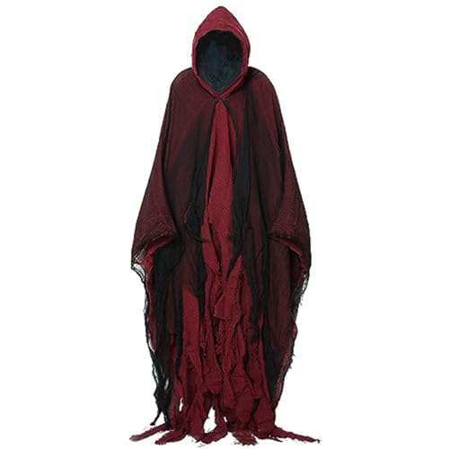 Umhang Haken Shaked Cloak Scary Halloween Shabby Rag Cloak mit schwarzem Tüll für Männer, Frauen Vintage mittelalterliche Renaissance -Umhang mit Kapuze für Cosplay, Kostüm, Bühne, Filmprop (Rot) von KDAMGOQE