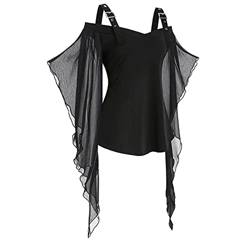 Damen Gothic Tops Halloween Hexen Oberteil mit Trompetenärmel Tshirt Steampunk Chiffon Kostüm Renaissance Mittelalter Kleidung Festliches Cosplay Costume Rockabilly Vintage Kostüm von KDEIHT