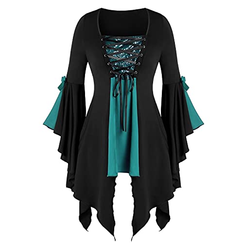 Gothic Kleidung Damen Spitze Bluse Hexe Cosplay Kostüm Oberteil mit Trompetenärmel Steampunk Swing Tunika Korsett Schnüren Kleidung Renaissance Mittelalter Oberteil Vampir Kostüme von KDEIHT