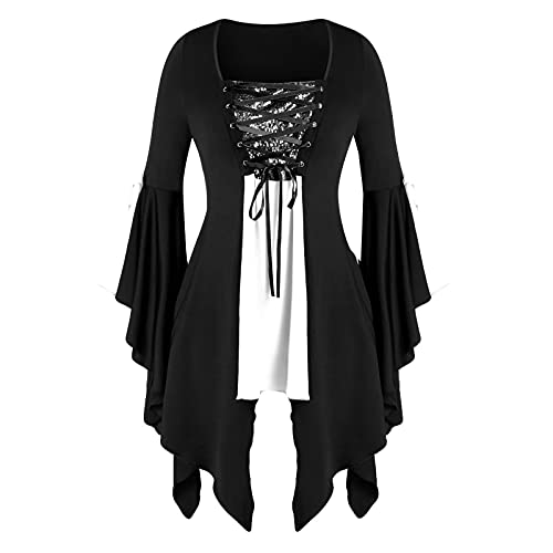 Gothic Kleidung Damen Spitze Bluse Hexe Cosplay Kostüm Oberteil mit Trompetenärmel Steampunk Swing Tunika Korsett Schnüren Kleidung Renaissance Mittelalter Oberteil Vampir Kostüme von KDEIHT