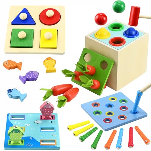 5 in 1 Aktivitätswürfel Spielzeug ab 1 2 3 4 Jahr, Montessori Fischen Spielzeug, Holzspielzeug Baby Sortier & Stapelspielzeug, Karottenernte Lernspielzeug, Lernspielzeug Geschenk für Kinder von KDIMSU