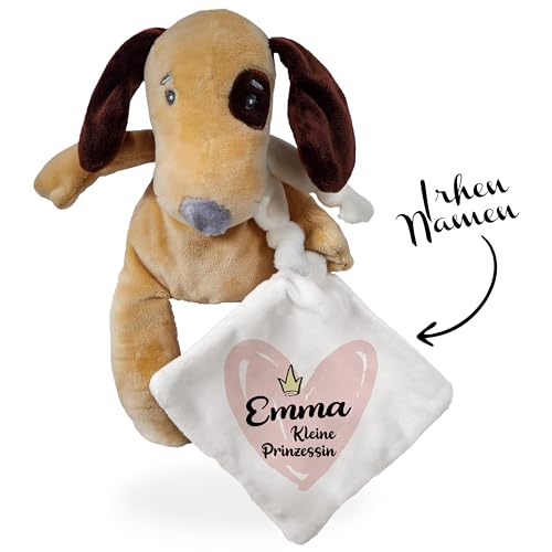 KDO MAGIC Personalisiertes Schmusetuch mit Vornamen - Plüschtier Fuchs, Giraffe oder Hund Personalisierbar - Geschenk zur Geburt, Junge, Mädchen, Baby, Geburtstag (Motiv: kleine Prinzessin, Hund) von KDO MAGIC