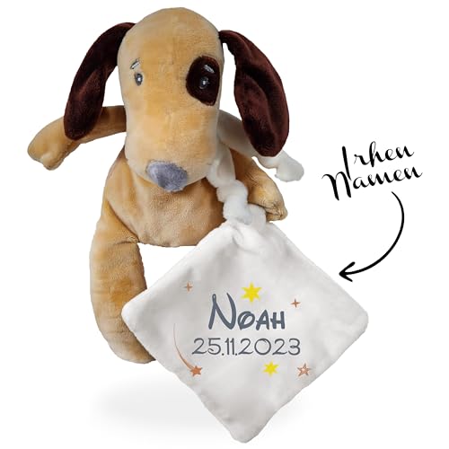 KDO MAGIC Personalisiertes Schmusetuch mit Vornamen - Plüschtier Fuchs, Giraffe oder Hund Personalisierbar - Geschenk zur Geburt, Junge, Mädchen, Baby, Geburtstag (Motiv: Stern, Hund) von KDO MAGIC