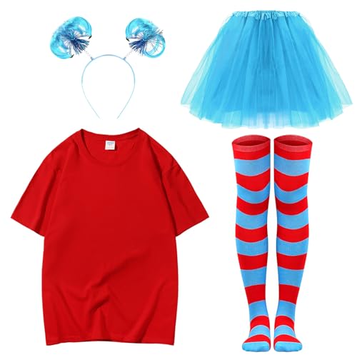 KDVOG Halloween-Kostüm-Zubehör-Set für Damen, inklusive Tüll-Tutu-Rock, rotes T-Shirt, gestreifte Oberschenkelhohe Socken, blaues Stirnband von KDVOG