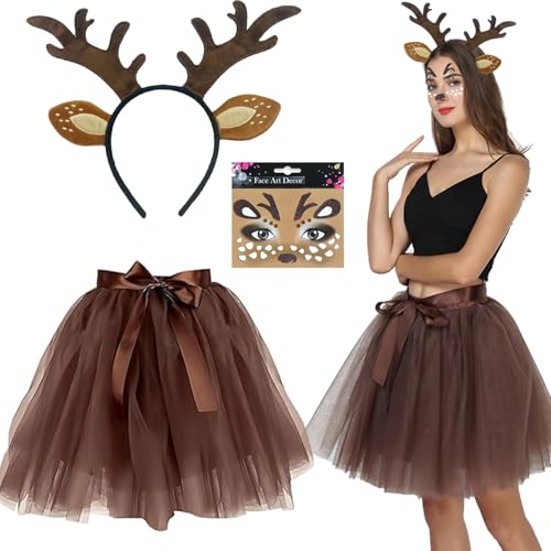 Damen Geweih Kostüm Rentier Karneval Damenkostüm Tüllrock Kaffee Tutu Rock+Geweih Haarreif+Rentier Gesicht Tattoos Reh Tier Kostüm Karneval für Fasching Weihnachten Motto Party Reh Kostüm Accessoires von KEAGAN