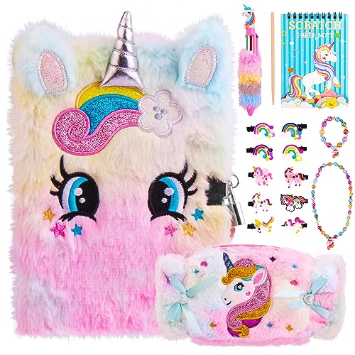 Tagebuch Mädchen mit Schloss Stift, 4 5 6 7 8 9 + Mädchen Spielzeug, Einhorn Handtasche Haarspangen Perlenarmband Halskette Set, Geschenkeset für Geburtstag Party Weihnachtliche Kindertag Valentinstag von KEARLGMBH