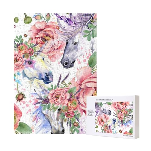 Aquarell Pferd Rosen Blumen, Puzzle 300 Teile Holzpuzzle Spielzeug Familienspiel Wanddekoration für Erwachsene Teenager von KEDDJI