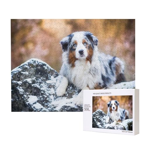 Australian Shepherd Schnee Winter Schöne Hunde, Puzzle 500 Teile, Holzpuzzle, Spielzeug, Familienspiel, Wanddekoration für Erwachsene und Teenager von KEDDJI