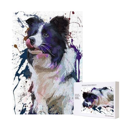 Border Collie Kunst Hund Malerei, Puzzle 300 Teile Holzpuzzle Spielzeug Familienspiel Wanddekoration für Erwachsene Teenager von KEDDJI