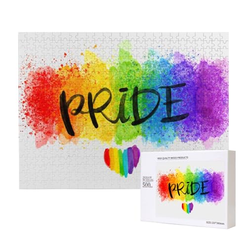 Buntes Aquarell-Stil LGBT Gay Pride Regenbogen-Herz, Puzzle 500 Teile, Holzpuzzle, Spielzeug, Familienspiel, Wanddekoration für Erwachsene und Teenager von KEDDJI