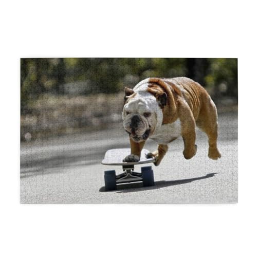 Englische Bulldoggen Bokeh Skateboard Haustiere Englisch, Puzzle 1000 Teile, Holzpuzzle, Spielzeug, Familienspiel, Wanddekoration für Erwachsene und Jugendliche von KEDDJI