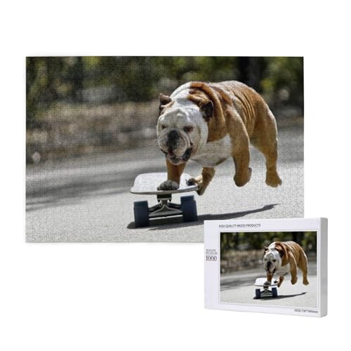 Englische Bulldoggen Bokeh Skateboard Haustiere Englisch, Puzzle 1000 Teile, Holzpuzzle, Spielzeug, Familienspiel, Wanddekoration für Erwachsene und Teenager von KEDDJI