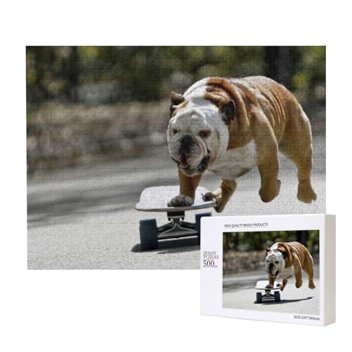 Englische Bulldoggen Bokeh Skateboard Haustiere Englisch, Puzzle 500 Teile, Holzpuzzle, Spielzeug, Familienspiel, Wanddekoration für Erwachsene und Teenager von KEDDJI