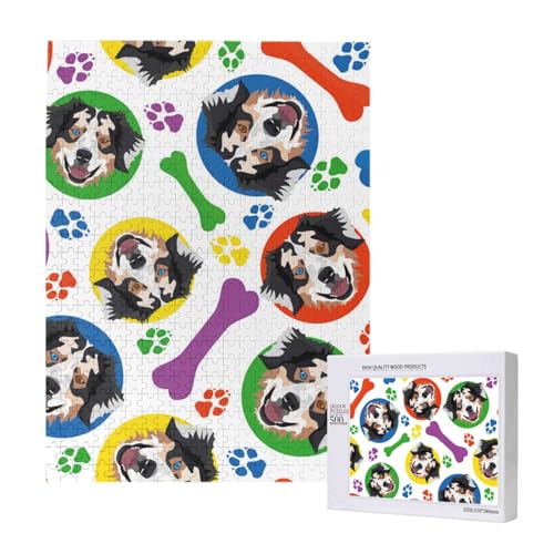 Farbenfroher und verspielter Australian Shepherd, 500 Teile Puzzle Holzpuzzle Spielzeug Familienspiel Wanddekoration für Erwachsene Teenager von KEDDJI